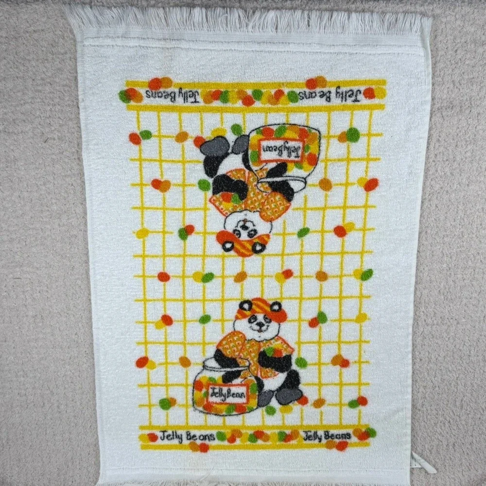 Vintage Leshner Panda Bear Jelly Beans Dish Towel White Orange Retro Decor USA